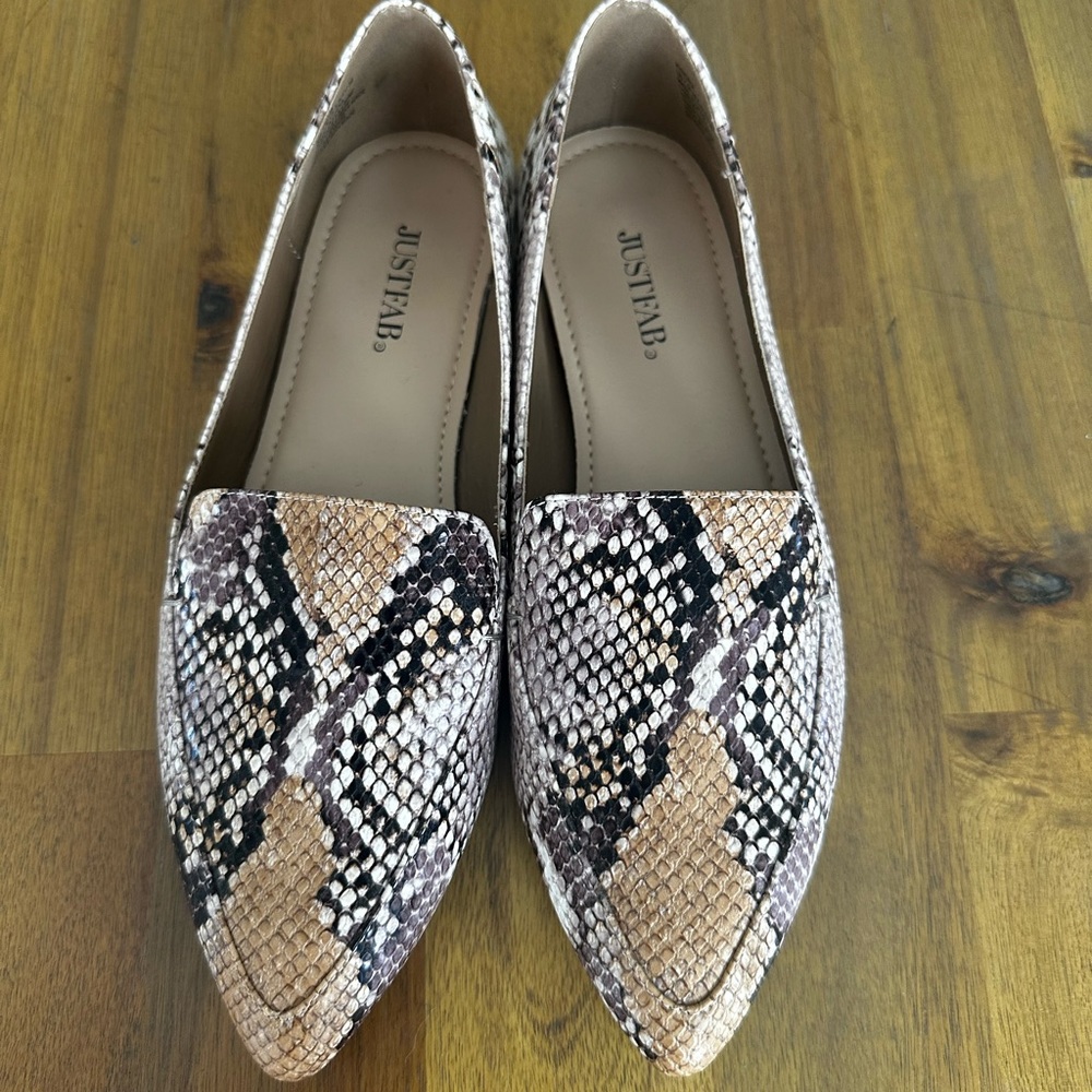 JustFab Snakeskin Pointed-Toe Flats in Tan, Black, Cream